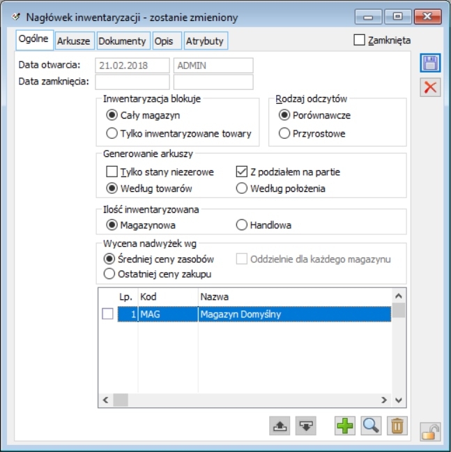Nagłówek inwentaryzacji w ERP XL Nagłówek inwentaryzacji w ERP XL