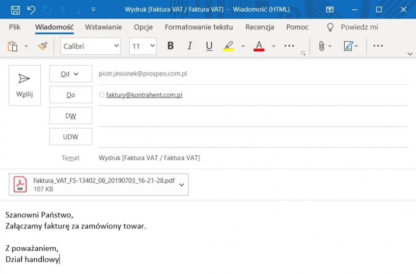 Faktura elektroniczna jako załącznik w e-mail Faktura elektroniczna jako załącznik w e-mail