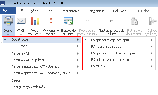Typowy sposób wyświetlania listy niestandardowych wydruków na fakturze sprzedaży Typowy sposób wyświetlania listy niestandardowych wydruków na fakturze sprzedaży