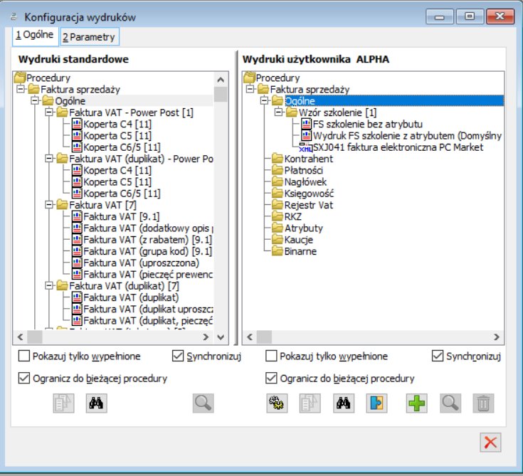 okno konfiguracji wydruków Comarch ERP XL konfiguracja wydruków Comarch ERP XL