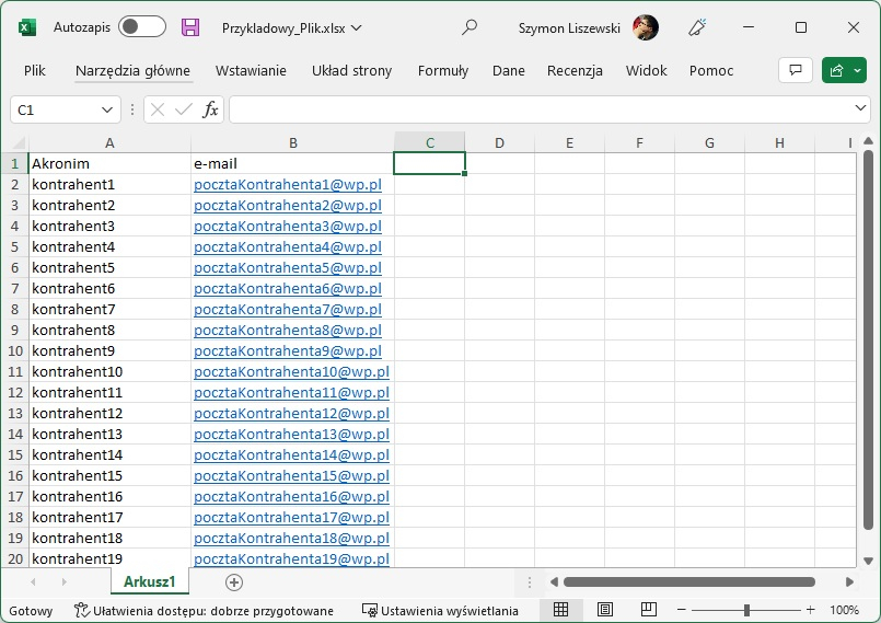 Podgląd arkusza Excel z danymi Podgląd arkusza Excel