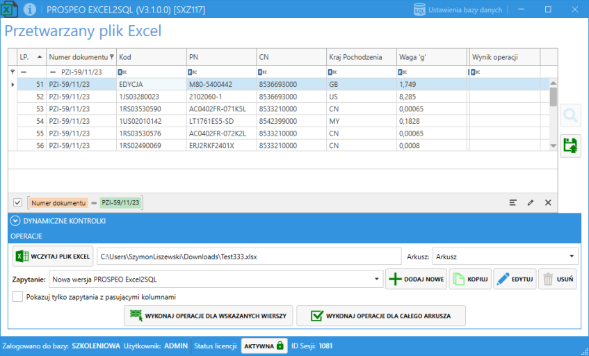 migrator Excel2SQL - sortowanie, filtr, wprowadzona nowa wartość w wierszu edycja. sxz117_excel2sql_sortowanie_filtr_wprowadzona_nowa_wartość_w_wierszu_edycja.png